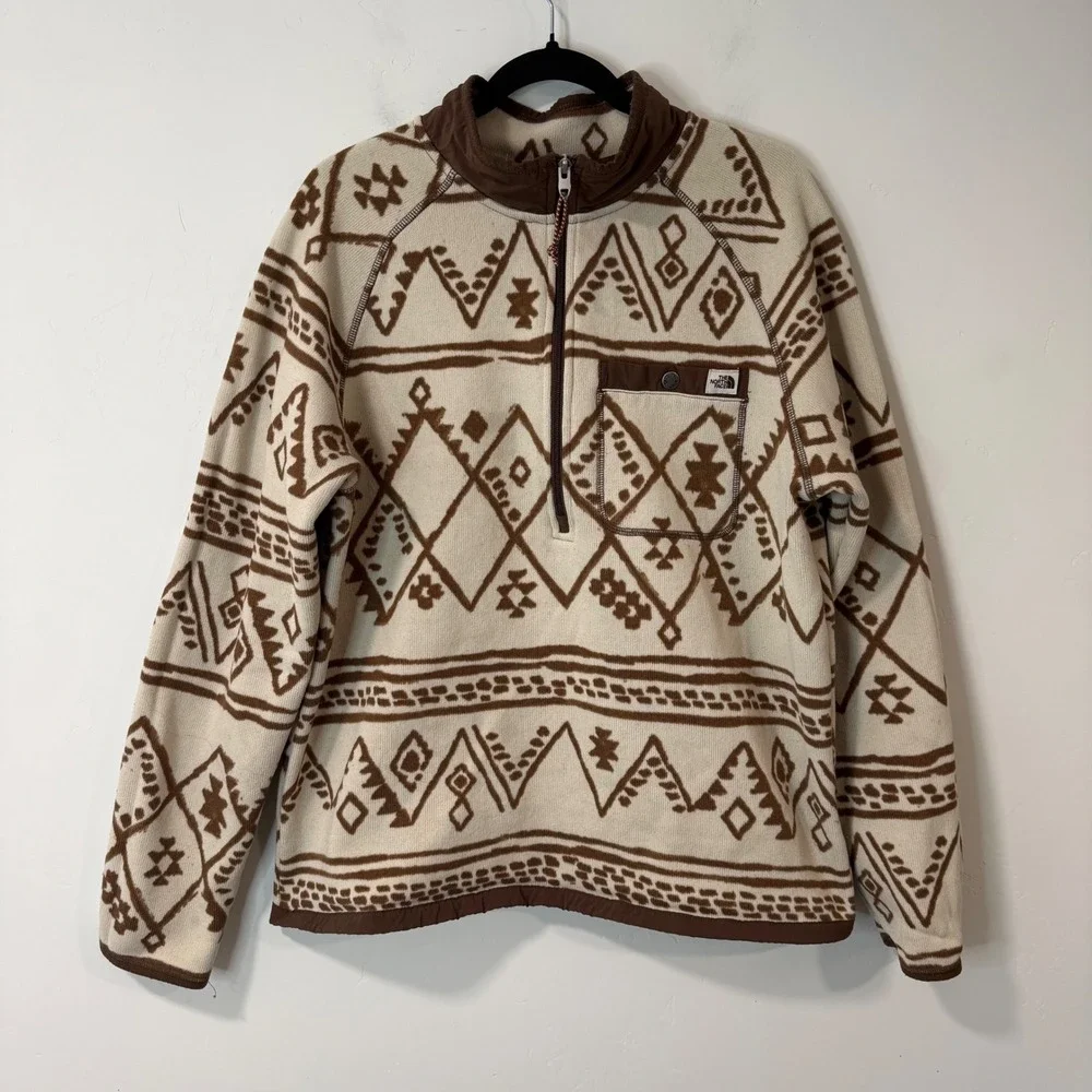 The North Face Mens Fleece Pullover Large Cream Brown Aztec TKA Glacier NF0A5GL4